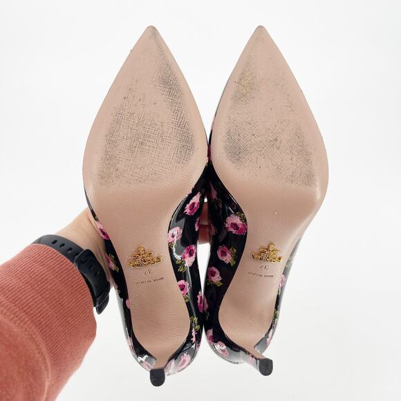 Prada Black Pink Patent Leather Rose Floral Print Pointed Toe Pump Heel IT 37 - Picture 12 of 12